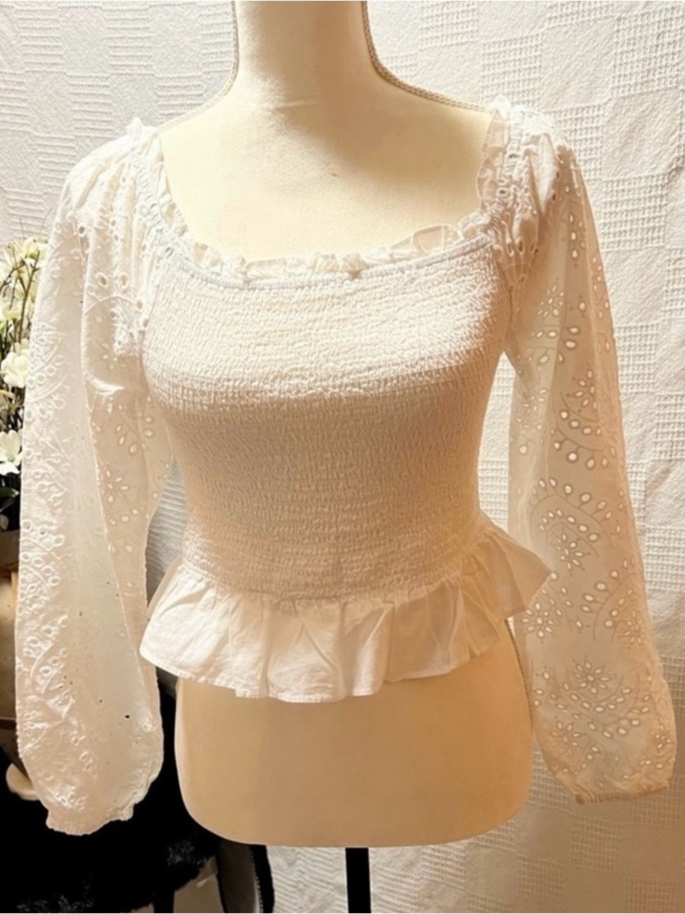 Derek Heart White Smocked Peplum Eyelet Blouse